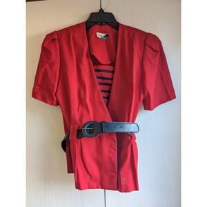 VTG Sunshine Starshine Women's Red Short Sleeve Wrap V-neck Belted Top Size  M